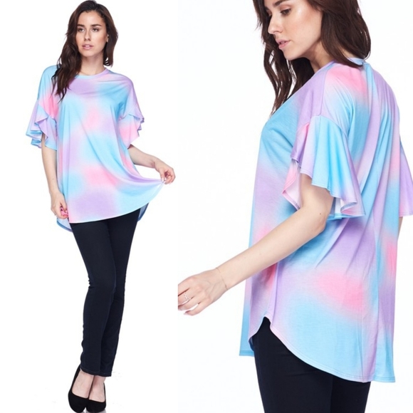 Pastel Tie Dye Flutter Sleeve Loose Fit Tunic Top - Picture 2 of 4